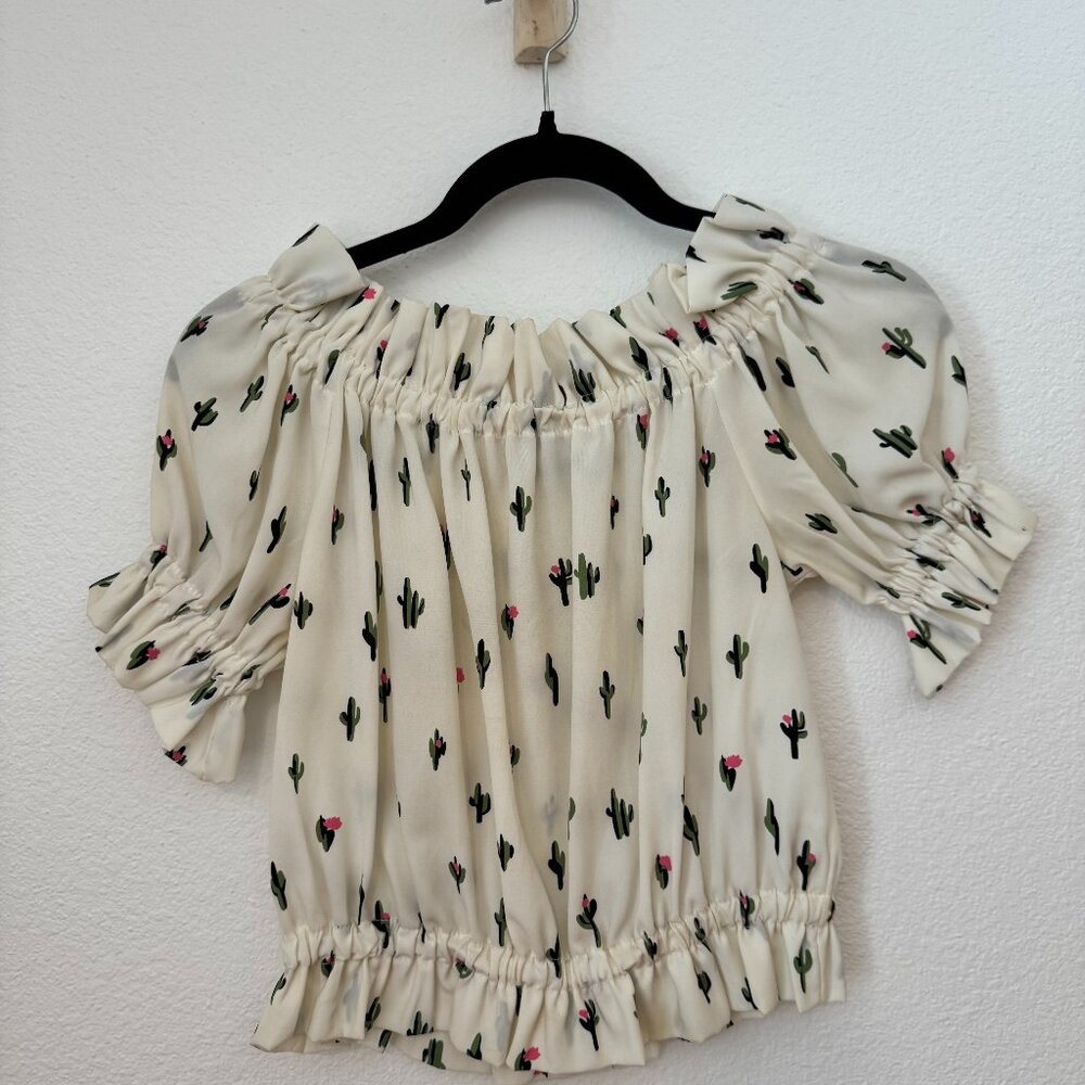 Miss Miss Cream Cactus Print Puff Sleeve Crop Top